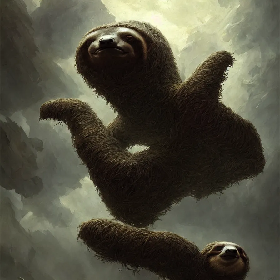 Prompt: colossal sloth, high detail, dramatic light, digital art, painted by greg rutkowski, painted by seb mckinnon, trending on artstation