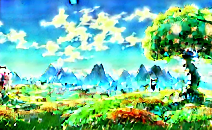 Image similar to fantastic anime sunny meadow with flowers, lone old Oak in the middle plane and mountains on the background, by Hayao Miyazaki, Nausicaa, Ghibli, Breath of the wild, Anime wallpaper