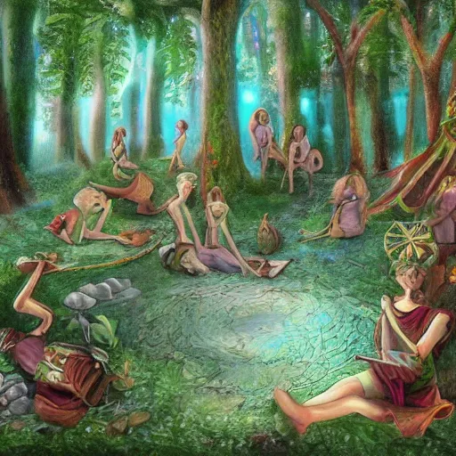 Prompt: highly detailed commune of !!!!!hedonist!!!!! (((((elves))))). the (((((elves))))) are carefree and playful. digitally painted forest scene. The (((((elves))))) each have the face of famous musician !!!!!Ed Sheeran!!!!!. Each elf looks like !!!!!!!!!!ED SHEERAN!!!!!!!!!! !!!!!ED!!!!! pixiv, artbreeder. high quality art