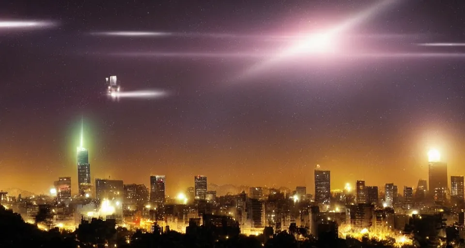 Prompt: alien invasion of santiago de chile, lights, high detail, ships in the sky, tank missiles, peace flags