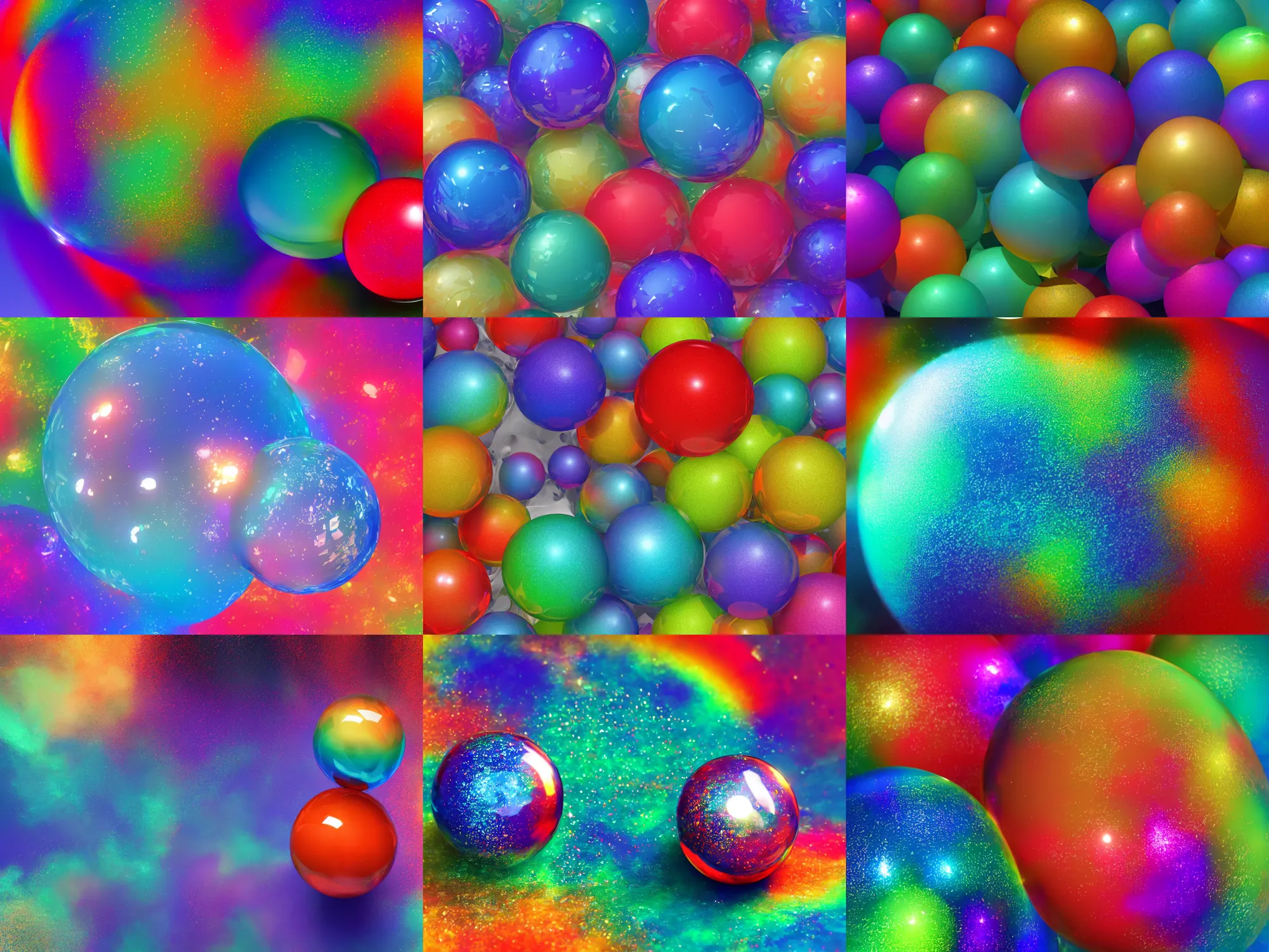 Prompt: sphere underwater + colorful rainbow sphere with sharp glossy particles around it, 4 k, award winning, photorealistic, sharp crisp light reflections, rule of thirds, octane render, volumetric lighting