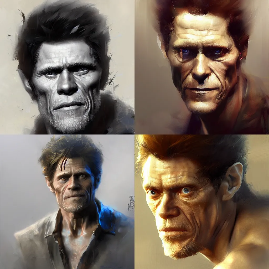 Prompt: willem dafoe, handsome portrait. masterpiece by Craig Mullins Artgerm in the style of Ruan Jia, wlop, Ross Tran, detailed and realistic, soft lighting, intricate details, realistic, full view, Artstation, CGsociety