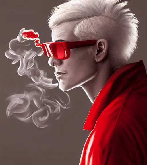 Prompt: young man in red jacket and white shirt, white hair, round goggles, smoking cigarette, character portrait, sharp focus, illustration, high detailed, sad