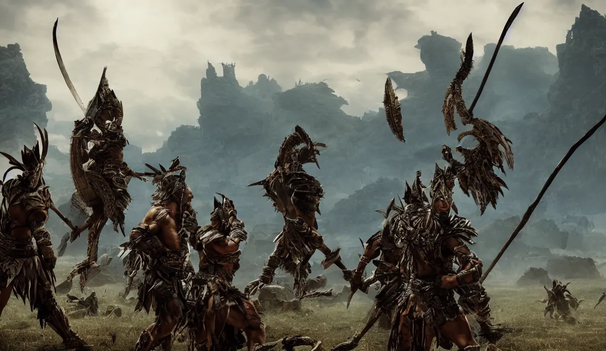 Image similar to panorama photo of two ancient tribesman in armor from monster hunterin the distance, they have futuristic weapons and stands in front of attacking barbarian horde in the background, back shot, muscular bodies, dramatic lighting, cinematic, establishing shot, extremely high detail, photorealistic, 300 the movie,monster hunter the movie, monster hunter, cinematic lighting, artstation, octane render, western,old photo, vintage