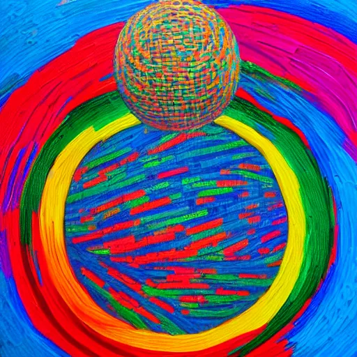 Prompt: planet made out of colorful rubber bands, oil on canvas, portrait, intricate, 8 k highly professionally detailed, hdr, cgsociety