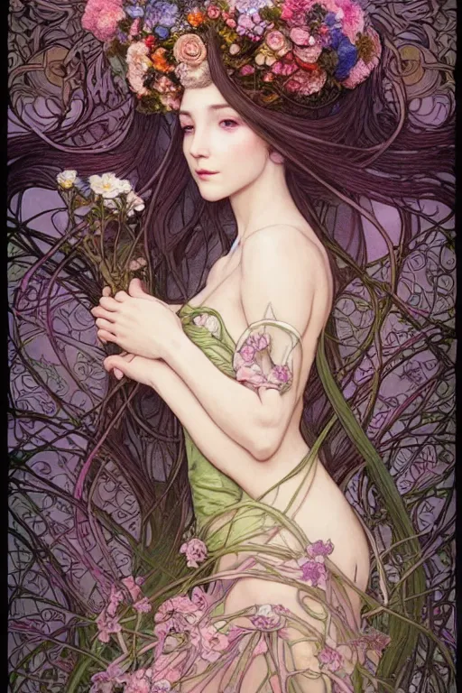 Prompt: full length portrait of a beautiful mysterious fairy with flowery tall headgear, hands hidden by bouquet of flowers, by eve ventrue, artgerm, thomas kinkade, hayao miyazaki. art nouveau. tarot card by mucha. gloomhaven. swirly intricate linework background. gaudy colors, sharp edges. octane render