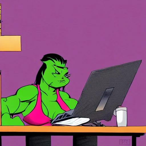 Image similar to photo of a housecat at a computer desperately trying to generate she - hulk photos