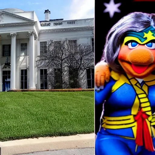 Image similar to mupped obama and muppet wonder woman lead the fbi raiding donald trump's mansion