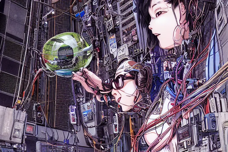 Image similar to an intricate, awe inspiring cyberpunk illustration of a girl with balloon, wires and cables coming out, by masamune shirow and katsuhiro otomo ((colorful))