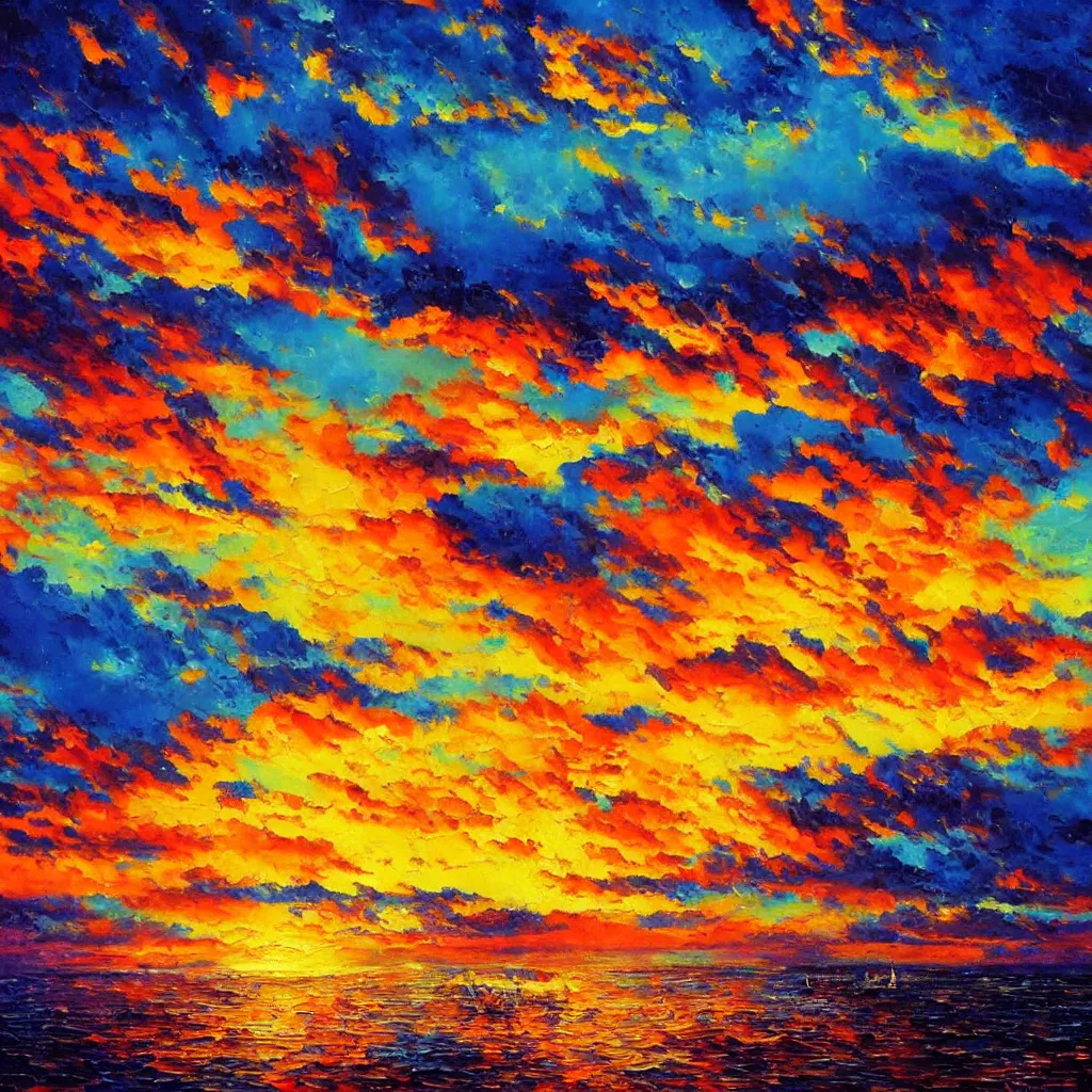 Image similar to an impasto oil painting of a stunning, colorful sunset painted by ken hong leung