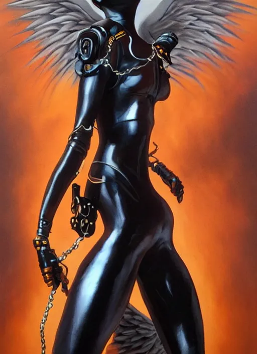 Image similar to full body artwork of tracer overwatch, wearing black latex outfit, in style of zdzisław beksinski, angel wings, dramatic painting, wearing detailed steel collar, black shiny armor, chains, black harness, detailed face and eyes,