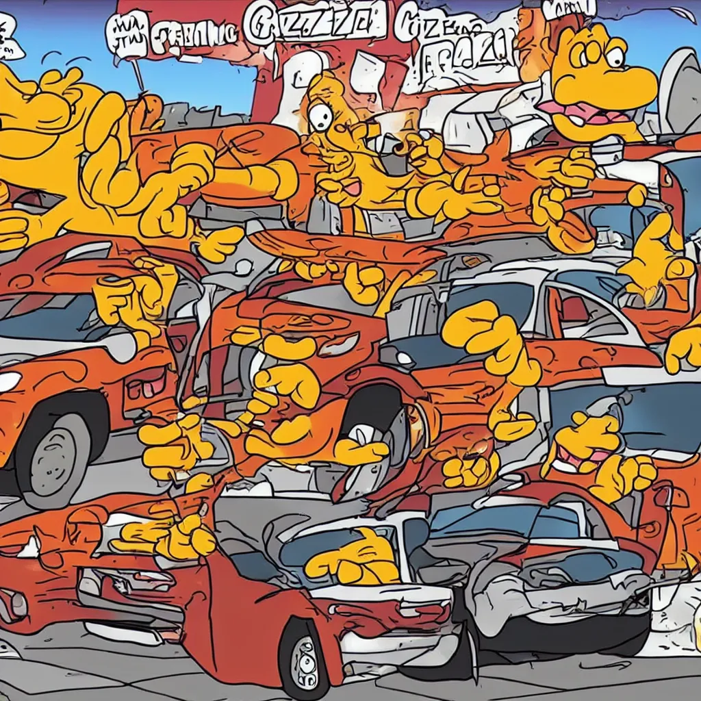 Prompt: garfield crashing a car into a pizzeria
