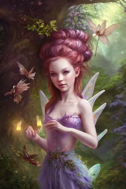 Image similar to a cute fairy in the dreamy forest, fantasy, 8 k resolution, hyper detailed, d & d, character design, digital painting, trending on artstation, sharp focus, illustration, art by artgerm, steve zheng, fuji choko, viktoria gavrilenko, hoang lap