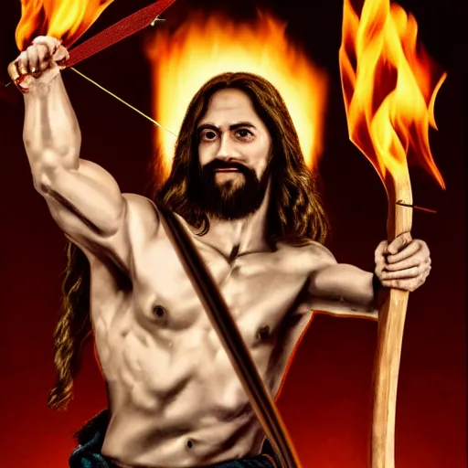 Image similar to Jesus Christ as Rambo holding a Bow and Flaming Arrow, full body, photography, 4K