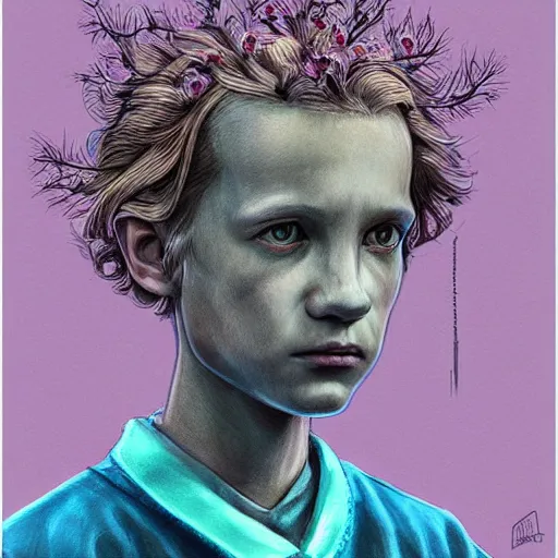 Prompt: portrait of Eleven from the stranger things by (((Marco Mazzoni ))) marco mazzoni ,dark ,detailed!! ,(((flowers on hair))) ,portrait,