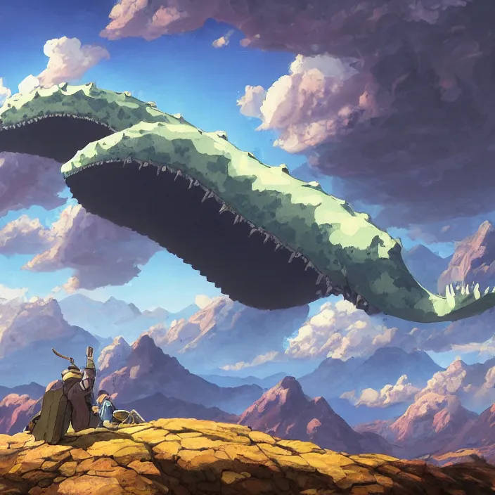 Image similar to giant leviathan flying over the mountains, clouds and sky, inspired by Nausicaa of the Valley of the Wind, Studio Ghibli, Hayao Miyazaki, 8k, 4k, UHD, HDR, photorealistic, 3D, digital painting, matte painting, environment design, by Victor Nava, Artstation