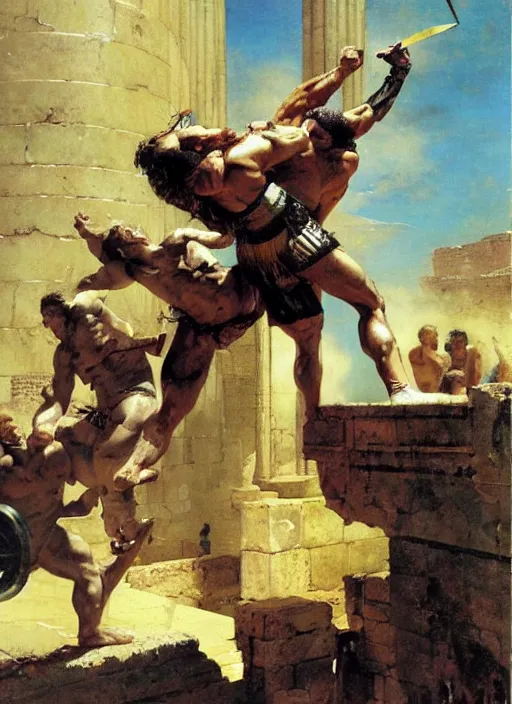 Prompt: huge warrior jocko willink vs godlike achilles at the walls of troy, dynamic action science fiction, by john berkey and lawrence alma tadema and rick berry and norman rockwel