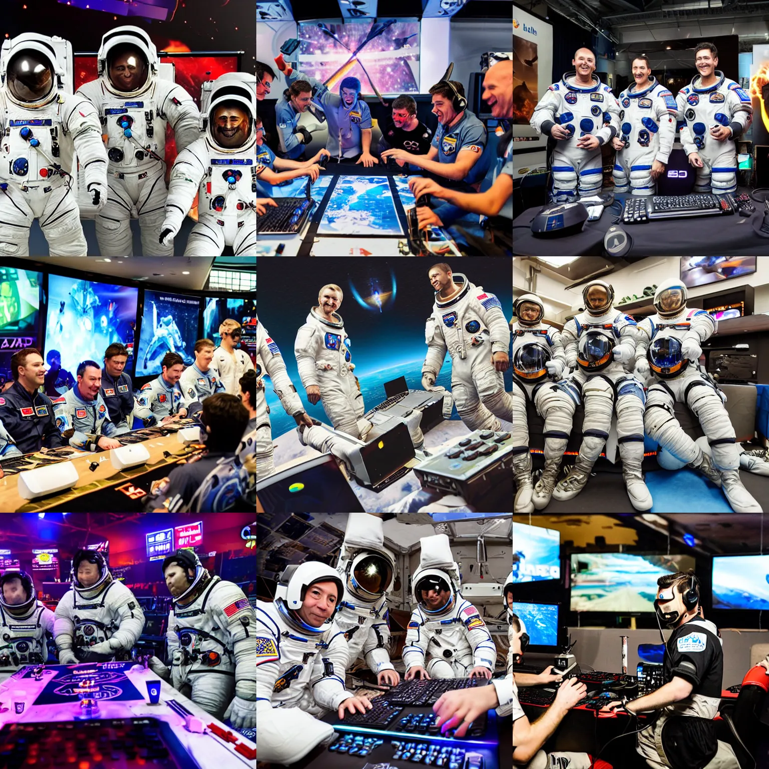 Prompt: a squad of astronauts playing videogames ad an e-sports event, realistic, photography, celebration