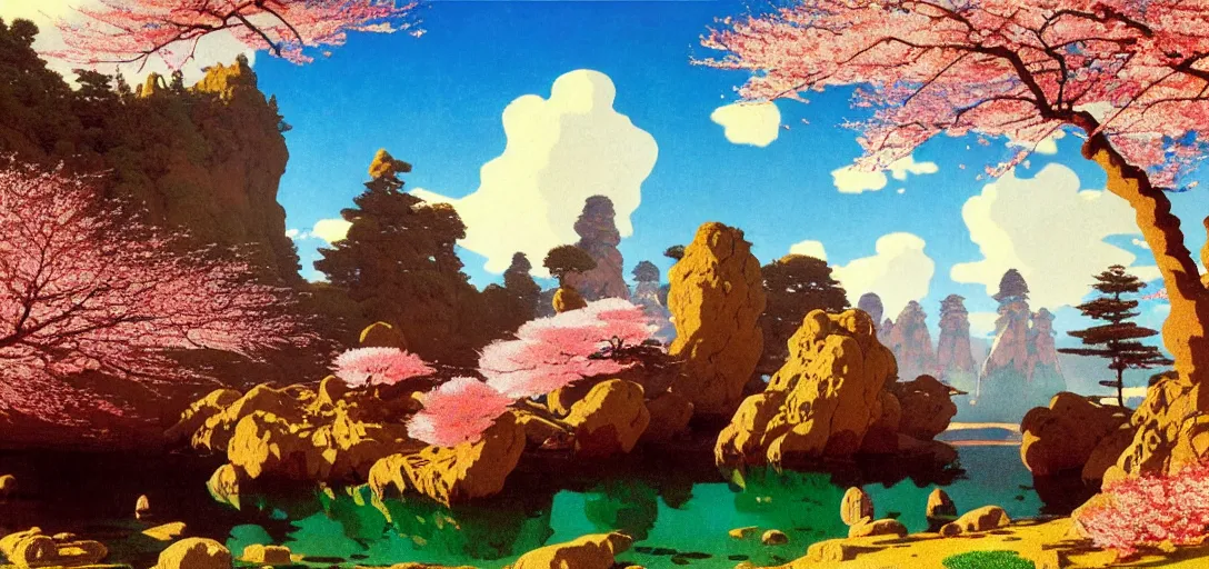 Image similar to ghibli illustrated background of a strikingly beautiful landform with strange rock formations and red water and cherry blossoms by vasily polenov, eugene von guerard, ivan shishkin, albert edelfelt, john singer sargent, albert bierstadt 4 k