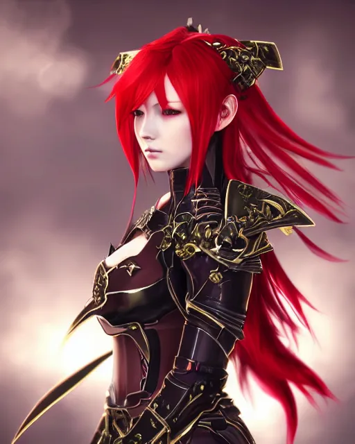 Prompt: red - haired final fantasy samurai girl, warframe armor, regal, attractive, ornate, sultry, sexy, beautiful, elize theron, pretty face, green eyes, scifi platform, 4 k, ultra realistic, epic lighting, illuminated, cinematic, black gold, art by akihito tsukushi, voidstar
