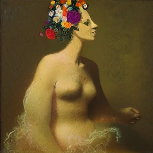 Image similar to portrait of a woman made of flowers and smoke