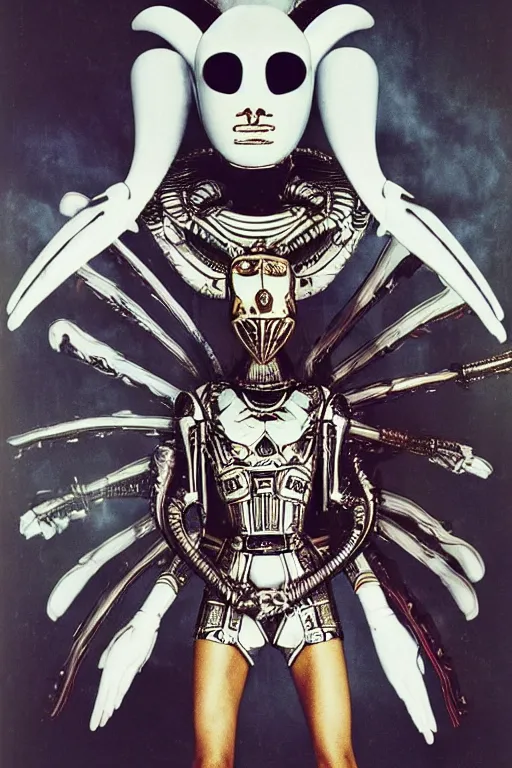 Image similar to polaroid still symmetry frame from Alien Covenant movie by Takashi Murakami, Count Orlok wearing Polish Winged Hussars armor made with porcelain dressed by Salvatore Ferragamo and by Chanel, haute couture painted by Peter Paul Rubens and by John Baeder by Jean-Michel Basquiat, editorial fashion photography, from vogue magazine