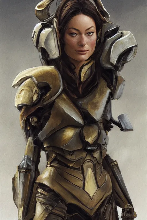 Image similar to a professional painting of a young Olivia Wilde, clothes in military armor, olive skin, long dark hair, beautiful bone structure, symmetrical facial features, intricate, elegant, digital painting, concept art, smooth, sharp focus, illustration, from StarCraft by Ruan Jia and Mandy Jurgens and Artgerm and William-Adolphe Bouguerea