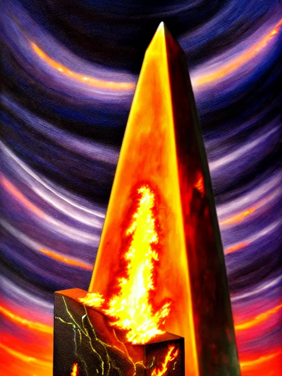 Image similar to savage electric flames engulfing an obsidian obelisk, beautiful, mythical, mystical, highly detailed, hyperrealistic, energy, low light, high contrast, lifelike, bright sky