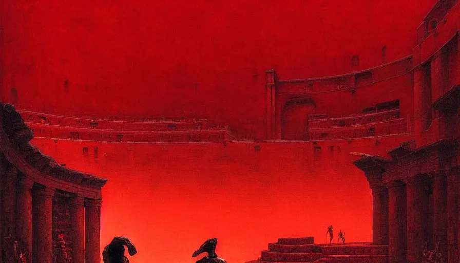 Image similar to only with red, a red gladiator in a crowded roman amphitheatre, crowd cheers him, in the style of beksinski and edward hopper and rodcenko and yue minjun, intricate and epic composition, red by caravaggio, highly detailed, masterpiece, red light, artstation