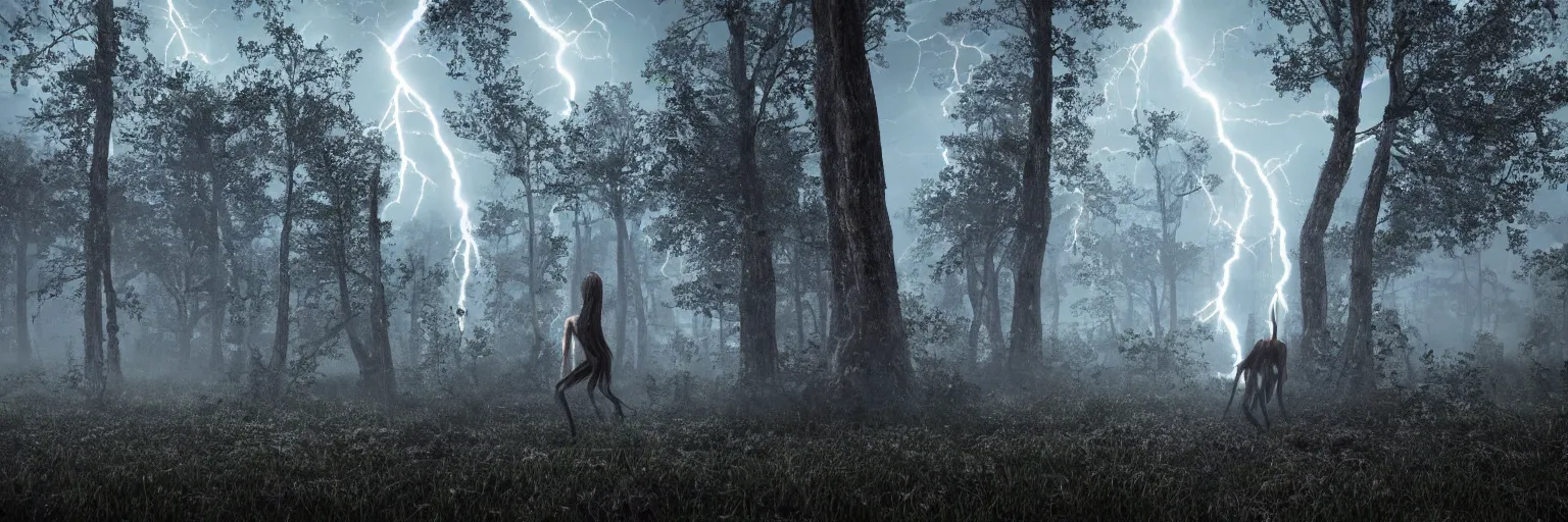 Prompt: super skinny scary creature coming out of the woods at night. intense lightning, scary details, super intense quality, high quality, HDR, 4K, 8K, 12K, octane render, cinema4d render, unreal engine 5 render, extremely high detail, photorealistic, hyperrealistic, cinematic lightning, cinematic, post processed, artstation