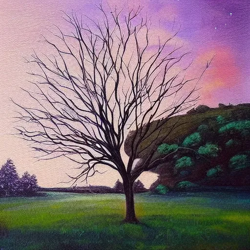 Image similar to This painting has such a feeling of peace and serenity. The tree is so still and calm, despite the wind blowing around it. The moonlight casts a soft glow over everything and the starts seem to be winking at you...