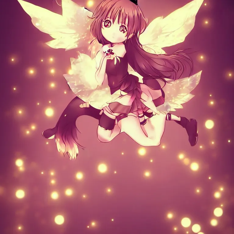 Prompt: cute, full body, female, anime style, a cat girl with fairy wings, large eyes, beautiful lighting, sharp focus, simple background, creative, heart effects, filters applied, illustration