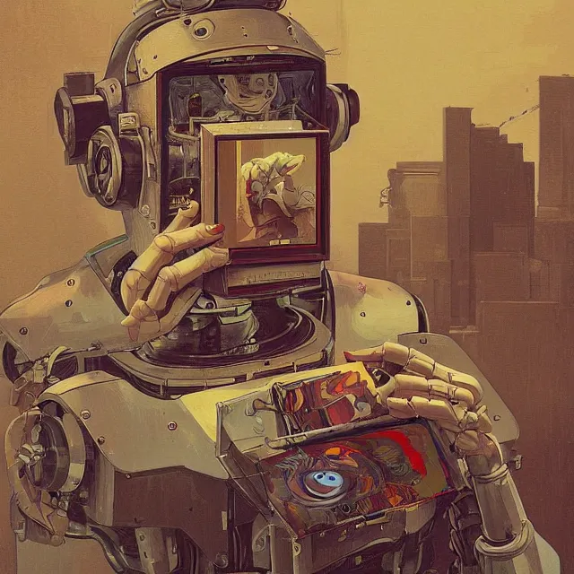 Image similar to robot artist painting a self - portrait on a canvas. intricate, highly detailed, digital matte painting, in the style of alexandros pyromallis, and in the style of sachin teng, and in the style of hans thoma, and in the style of william andrew loomis. irony, recursion, inspiration.