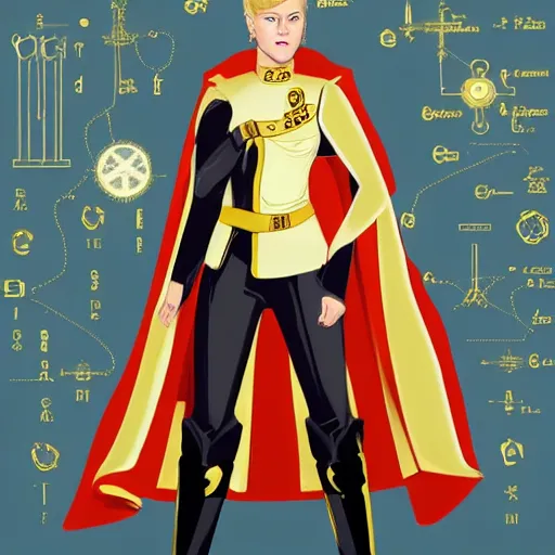 Image similar to character concept art of stoic heroic emotionless handsome blond butch tomboy woman with very short slicked-back hair, in princely white and gold masculine satin uniform with gold cape and boots, romantic, science fiction, atompunk, illustration