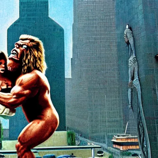 Image similar to giant wwf ultimate warrior holding small woman in his hands climbing a tall building like king kong, highly detailed, realistic movie poster