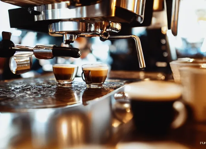 Image similar to a 2 8 mm macro photo from the back of a barista standing at the espresso machine in a cozy cafe, splash art, movie still, bokeh, canon 5 0 mm, cinematic lighting, dramatic, film, photography, golden hour, depth of field, award - winning, anamorphic lens flare, 8 k, hyper detailed, 3 5 mm film grain, hazy