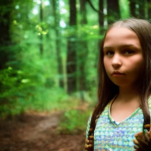Prompt: medium shot native american girl, in a dark forest, mysterious, backlit, still from a pixar dreamworks movie,