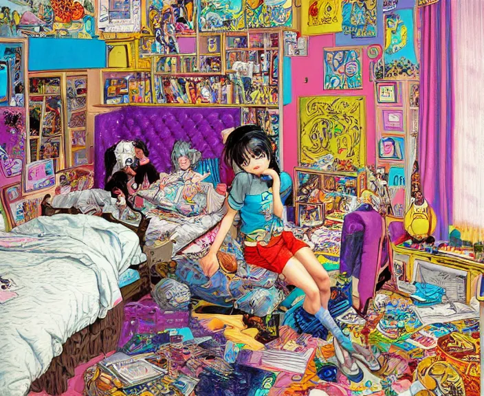 Image similar to highly detailed colorful illustration of a teenager in her room in the 9 0's, clean shaped illustration by kim jung gi, ron english and eiichiro oda