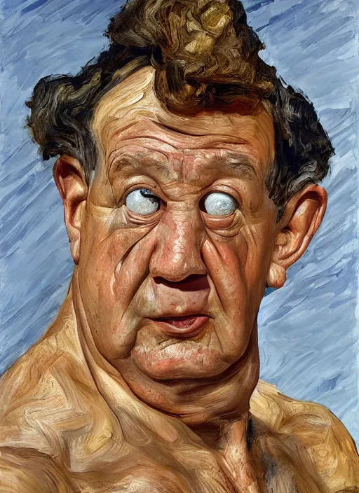 Image similar to Real life Fred Flintstone, painted by Lucian Freud, highly detailed, 8k