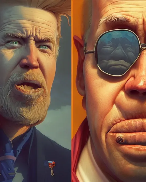 Image similar to highly detailed vfx portrait of a drooling joe biden, stephen bliss, unreal engine, greg rutkowski, loish, rhads, beeple, makoto shinkai and lois van baarle, ilya kuvshinov, rossdraws, tom bagshaw, alphonse mucha, global illumination, detailed and intricate environment