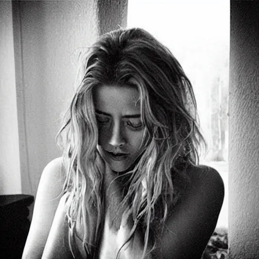 Prompt: “amber heard in shackles, crying, sad, prison clothes, distress, paparazzi photograph”