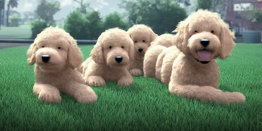 Image similar to adorable goldendoodle puppies and dogs, pixar render, brilliant style by Artstation, Artstation Trending, cgsociety, high quality, very coherent, ultra realism, high definition, post processing, unreal engine, 8k, high resolution, octane render, high contrast, 4k UHD, photographic, digital art, artstation,