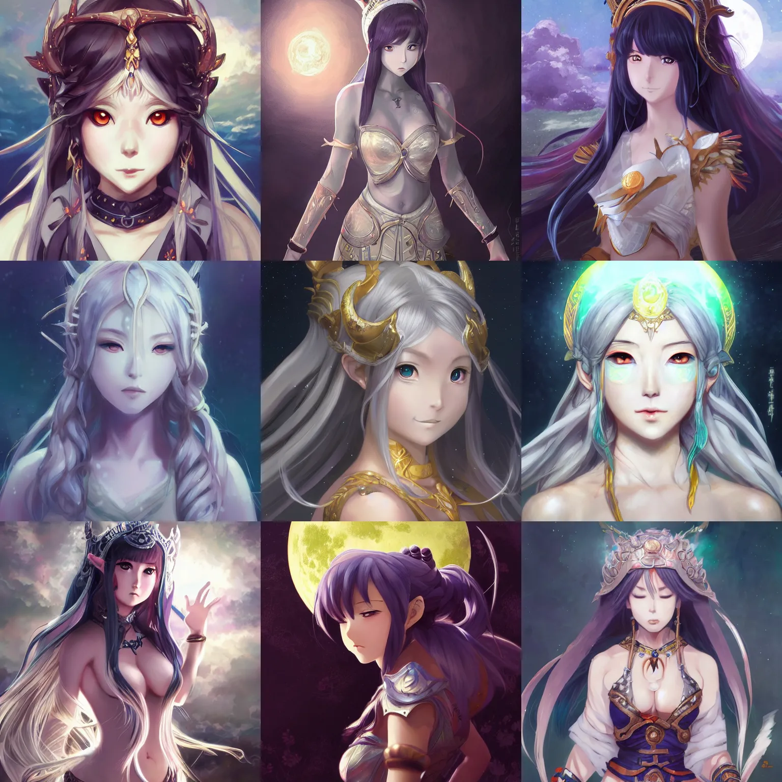 Prompt: An anime portrait of Ssunbiki as a moon goddess from Skyrim, by Stanley Artgerm Lau, WLOP, Rossdraws, James Jean, Andrei Riabovitchev, Marc Simonetti, and Sakimichan, trending on artstation