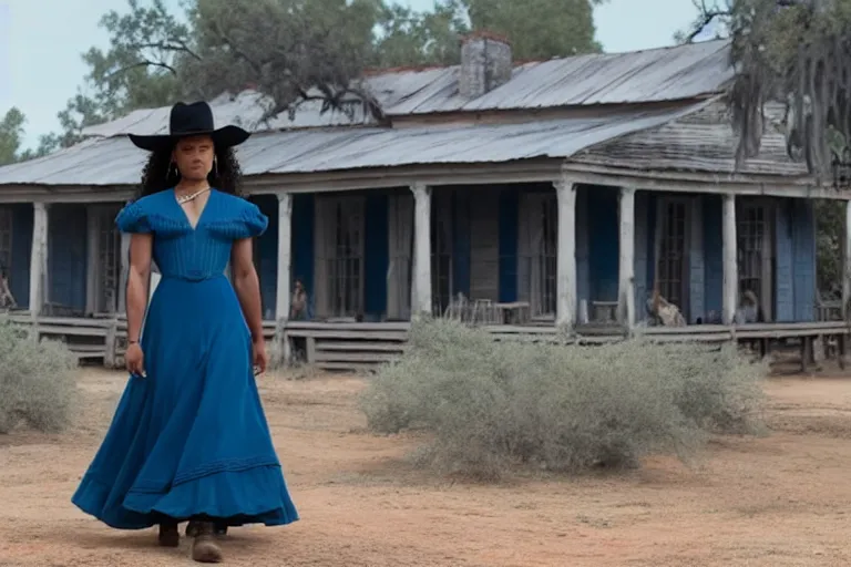 Image similar to 4 k still of tessa thompson wearing a blue dress on an old west plantation in westworld, detailed, photorealistic