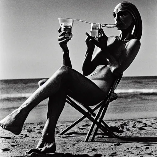 Prompt: photograph of an alien drinking martini on the beach, life magazine, 8 0 s