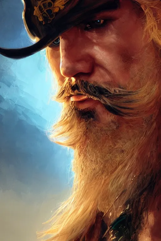 Image similar to blonde wild hair beard man, pirate eye - patch, playing guitare, close - up portrait, powerfull, intricate, elegant, volumetric lighting, scenery, digital painting, highly detailed, artstation, sharp focus, illustration, concept art, ruan jia, steve mccurry