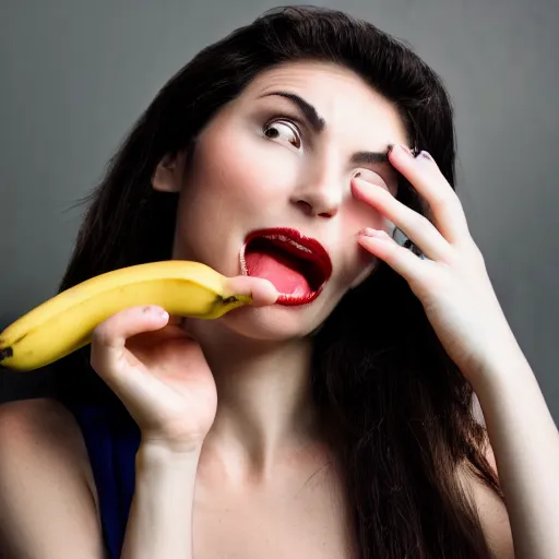 Image similar to close up photography of a woman that is about to bite into a banana but she just didnt do it yet, profile, close camera