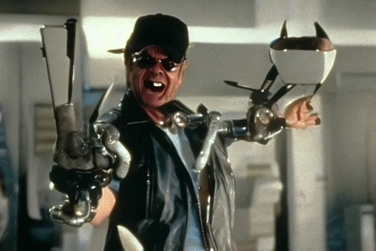 Image similar to Jack Nicholson plays Pikachu Terminator, scene where his endoskeleton gets exposed, still from the film