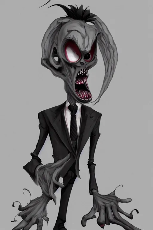 Image similar to creepy demon in a suit, tim burton, detailed, highly detailed, concept art, artstation, comic aesthetic, creepy aesthetic, toon shading, cel shading,