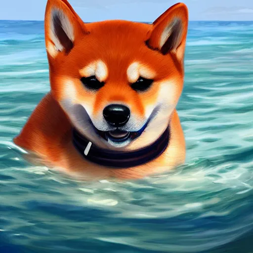 Image similar to a cute shiba inu steering a boat, endless sea, digital painting, 4 k, realistic